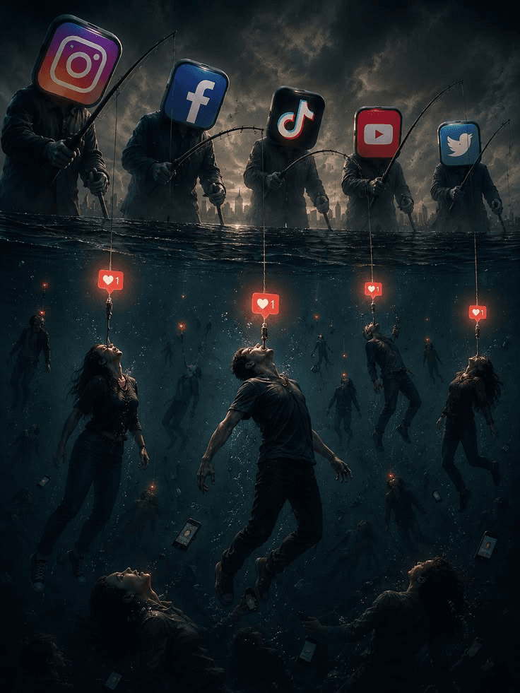 Figuras com símbolos de redes pescam pessoas com notificações de curtida.