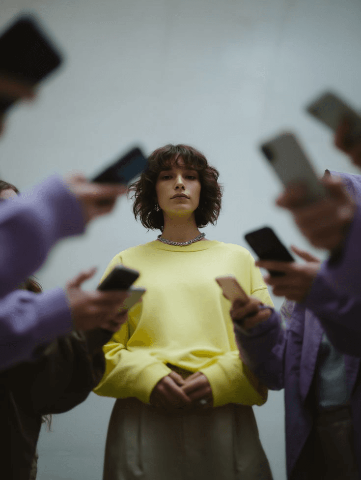 Pessoa de amarelo olha à frente, cercada por mãos com celulares.