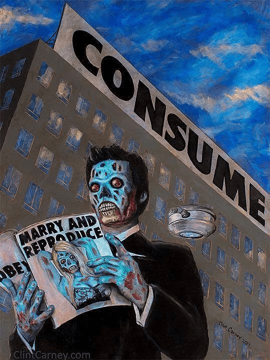 Pintura de uma figura esquelética com revista, diante de um edifício com a palavra Consume.