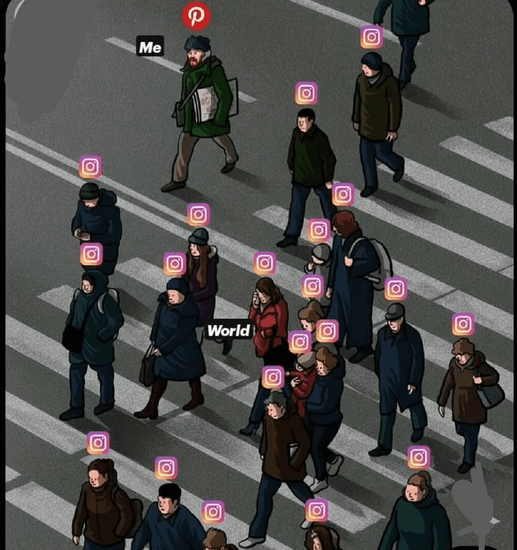 Variação da cena de pedestres, com símbolos de plataformas acima das pessoas.