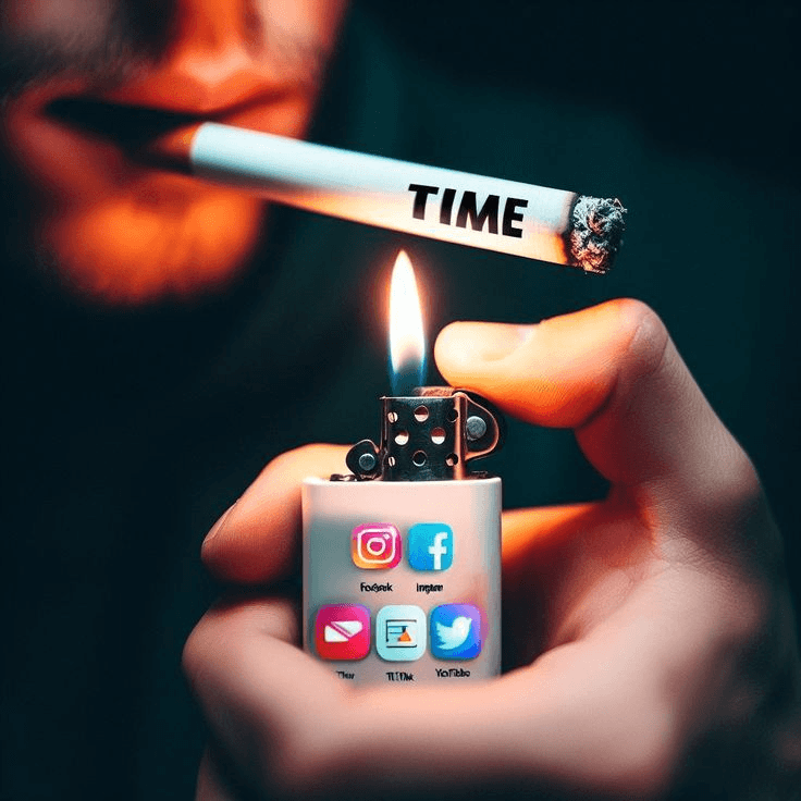 Um cigarro com a palavra Time é aceso por um isqueiro com símbolos digitais.